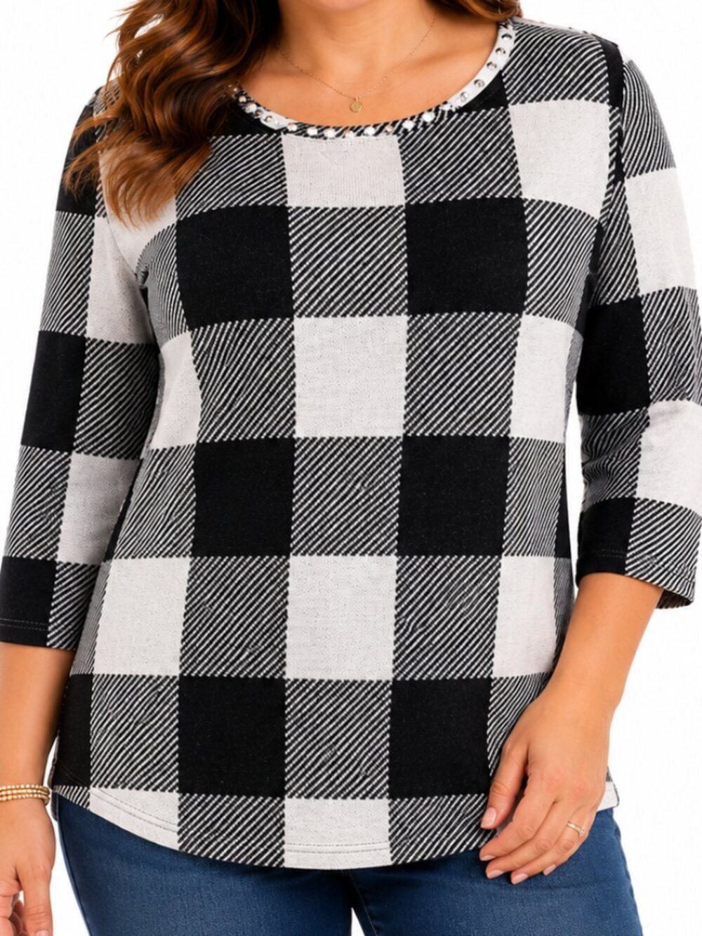 Alia Buffalo Plaid Sweater Women's Large Black White 3/4 Sleeve Studded Top